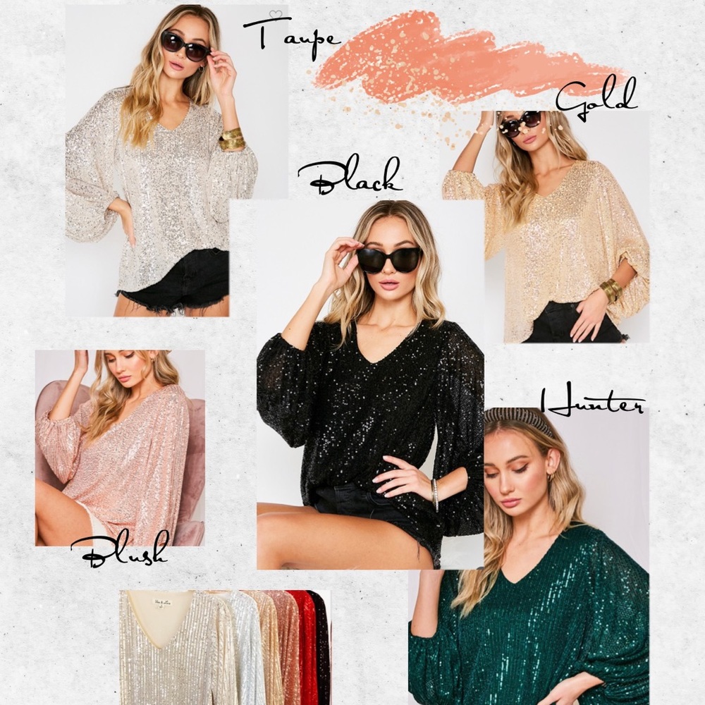 V Neck Sequin Blouse with Ballon Sleeves